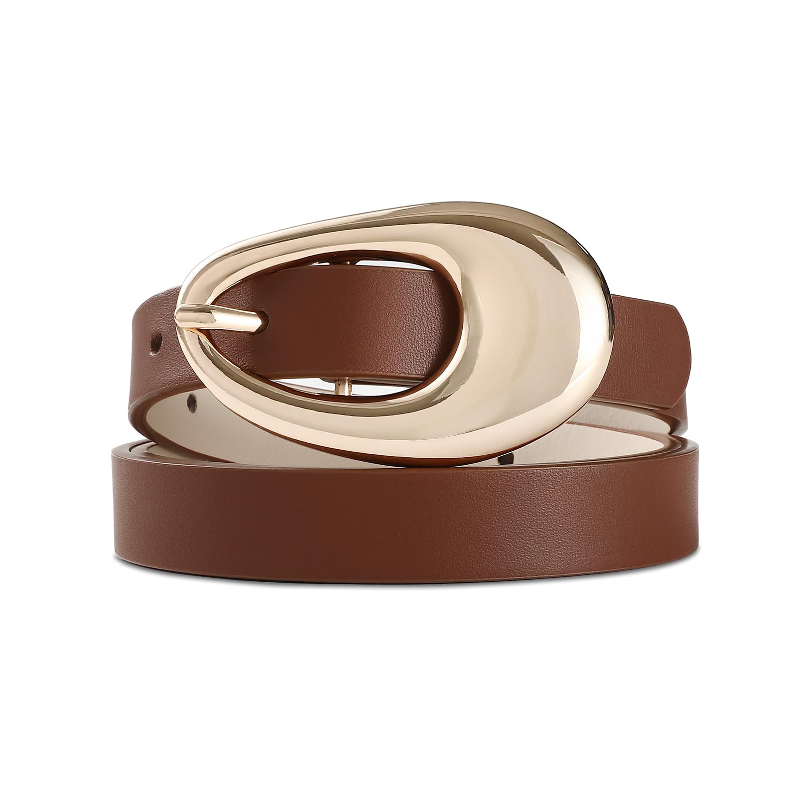 RISANTRY Genuine Leather Belt for Women Brown Leather With Smooth Oval Gold Metal Buckle Luxury Casual Fashion Belts