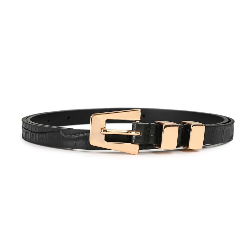 RISANTRY Genuine Leather Skinny Belt for Women Luxury Black leather With Vintage Gold Metal Buckle for Casual Fashion belts